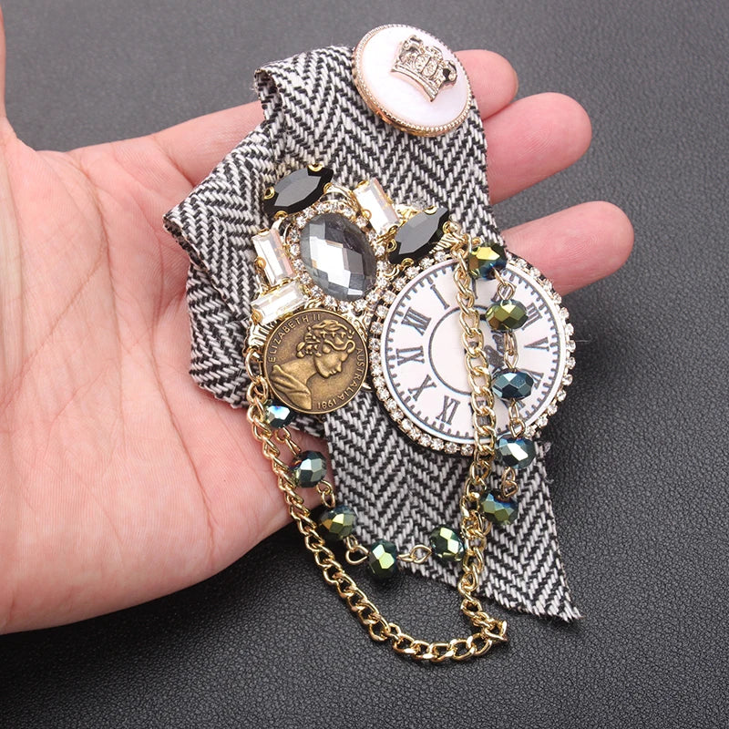 Steampunk Vintage Clock Brooch Rhinestone Coin & Chain Embellished Pin with Cloth Fabric