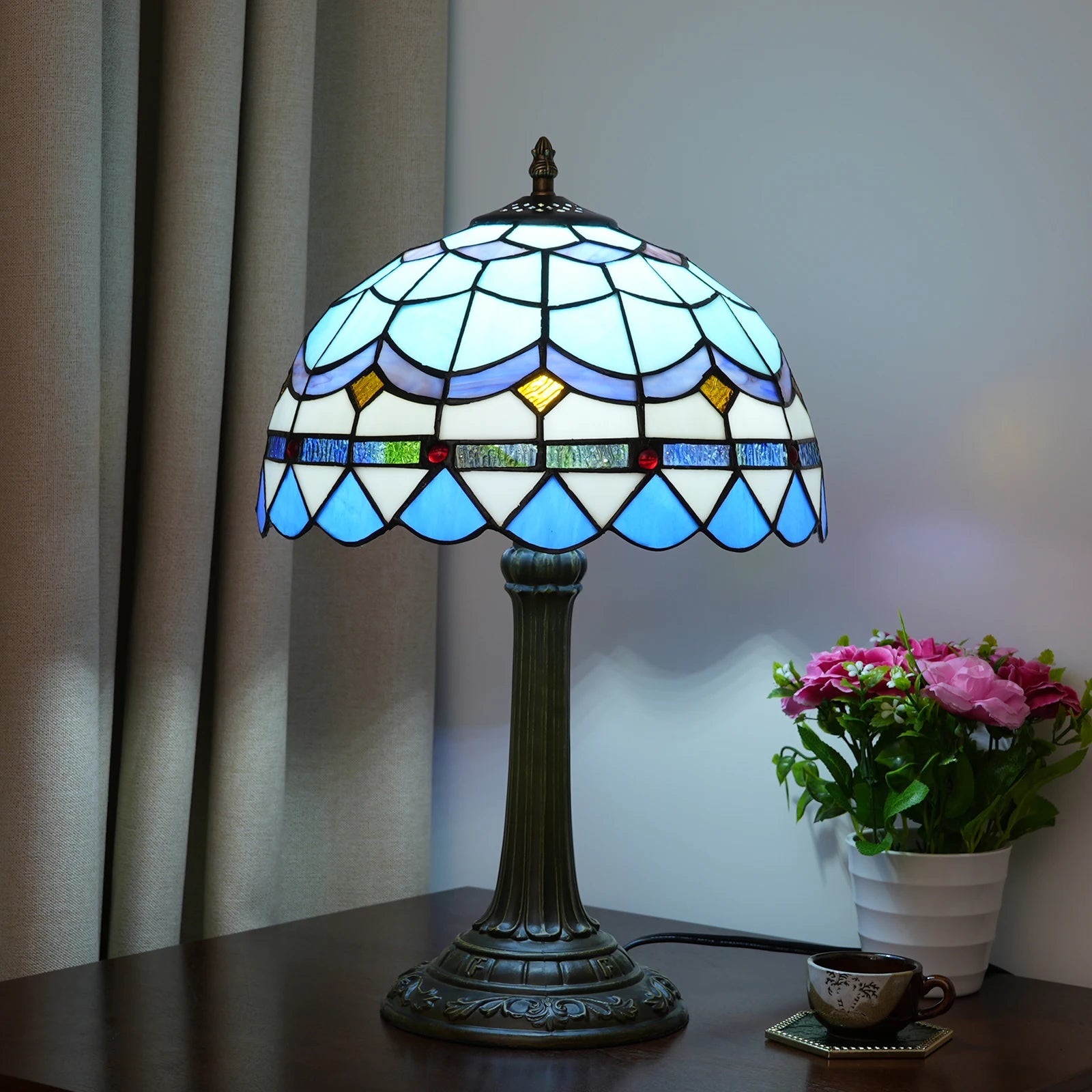 Yellow Peacock Tail Style Stained Glass Table Lamp Vintage Handmade Reading Lamp for Living Room Home Office Decor Light