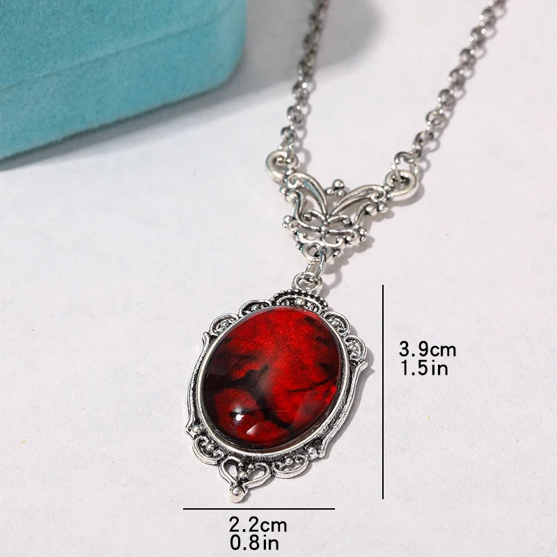 Gothic Blood Red Quartz Charm Necklace Oval Pendant Necklace For Women Halloween Vampire Embossed Witch Jewelry Vintage Chokers