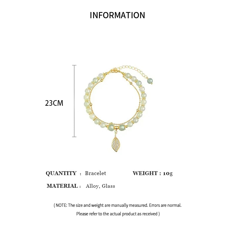 2026Chinese Style Green Jade Bracelet For Women Exquisite Gold Color Leaves Wrist Strap Bangle Double Chain Bracelet Girls Gifts