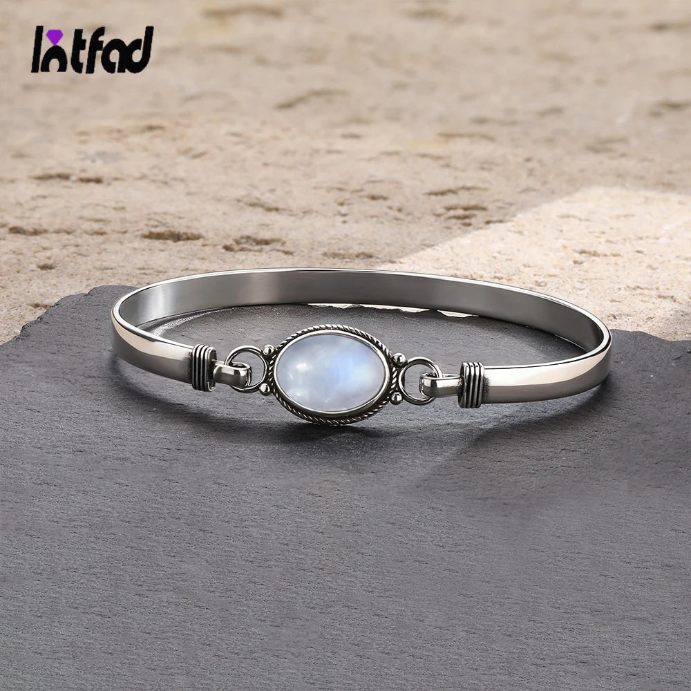 Vintage 925 Silver Natural Oval Moonstone Bangle Bracelets Handmade Birthstone Bangle Gifts Fine Jewelry for Women Men