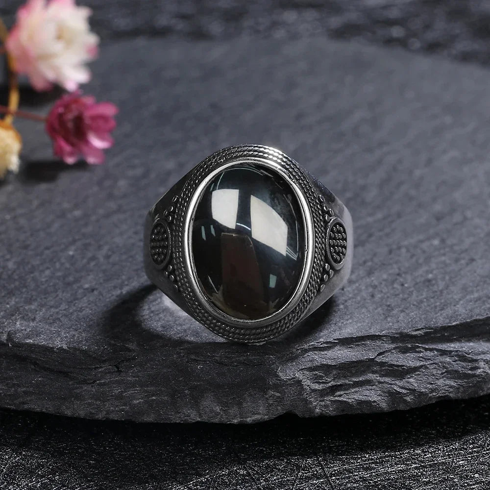 Vintage 925 Silver Ring Natural Black Onyx Ring Circular Denier Type Horse Eye Design Gift Fine Jewelry Black Ring For Men Women