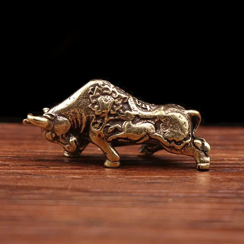 Brass Bullfighting Statue, Lucky Copper Animal Figurine, Wealth Bringing Miniature Ornament for Home & Office Desk Decor