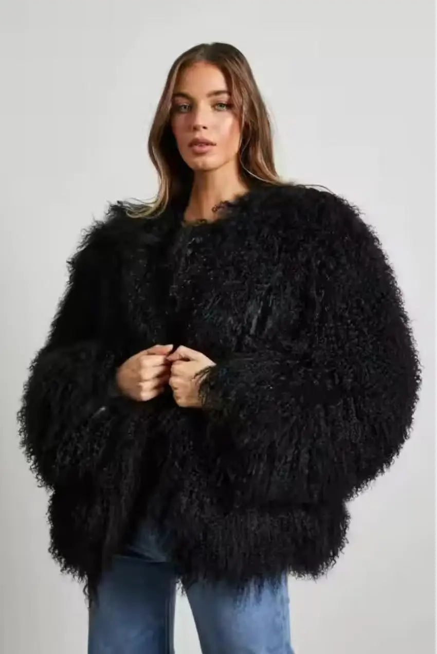 Mongolian fur coat fur jacket women's elegant fluffy solid color thickened thermal long sleeve coat winter fashion oversized lad