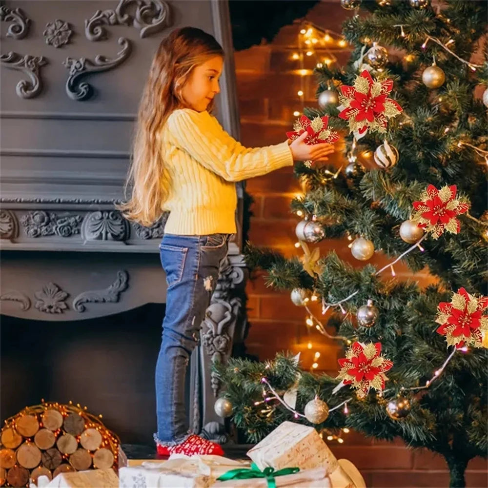 Christmas Glitter Flower Ornaments 5/10pcs