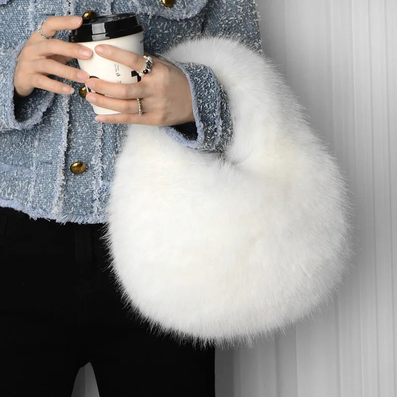 Fashion Soft Plush Half Moon Bags for Women Designer Fluffy Faux Fur Lady Handbags Luxury Small Tote Female Winter Purses