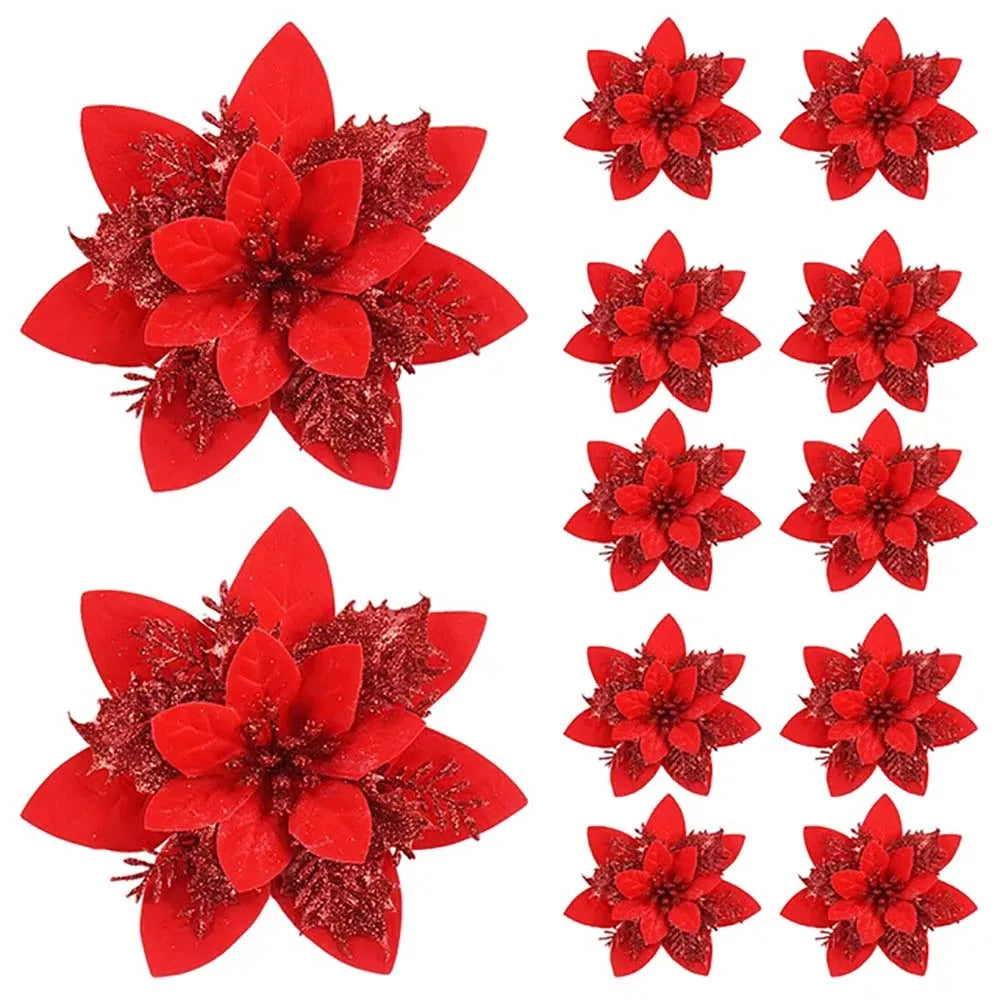 Christmas Glitter Flower Ornaments 5/10pcs