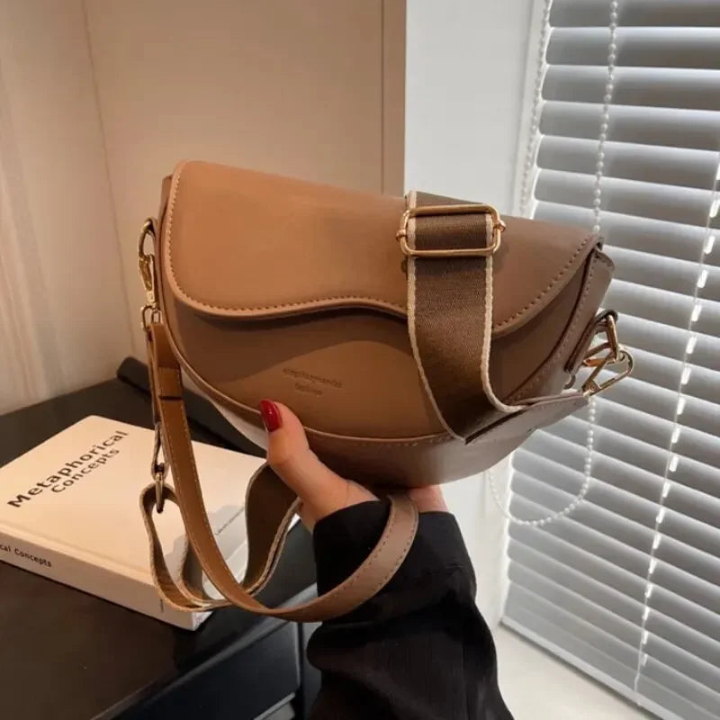 Women Vintage Solid Color Flap Small Saddle Shoulder Underarm Bag Fashion PU Leather Wide Strap Crossbody Bag