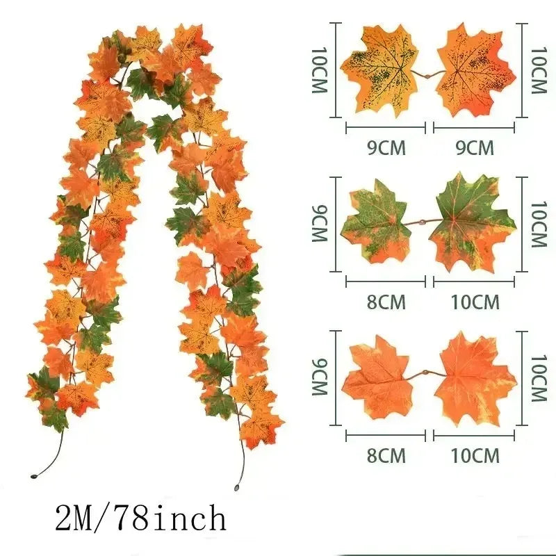 200CM Autumn Artificial Maple Leaf Wreath Fake Leaf Plant Vine Home Decor Garden Halloween Wall Outdoor Doors Windows Decoration