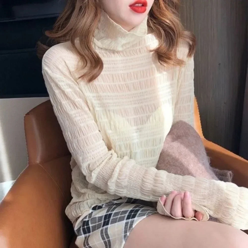 Sexy Lace Women Blouses Pullover Spring Autumn Thin Slim Fit T-Shirt Solid Turtleneck Long Sleeve See-though Mesh Sheer Tops