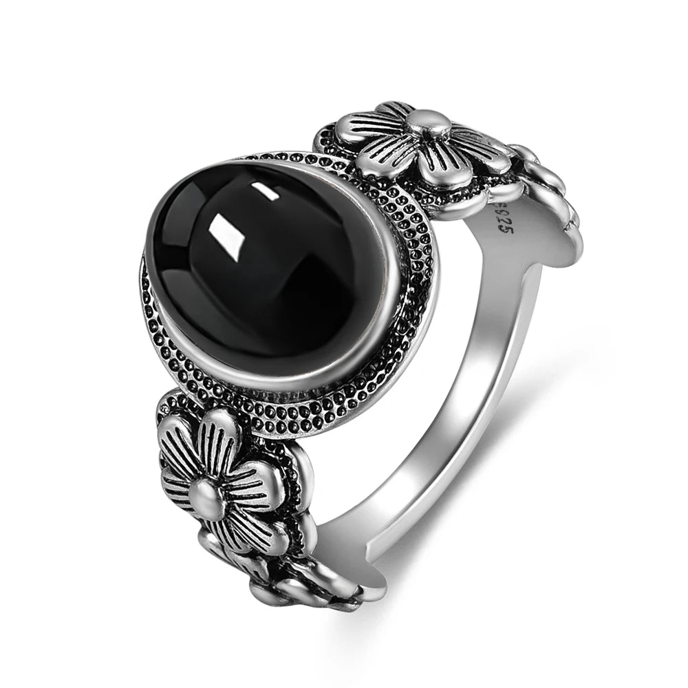 Vintage 925 Silver Ring Natural Black Onyx Ring Circular Denier Type Horse Eye Design Gift Fine Jewelry Black Ring For Men Women