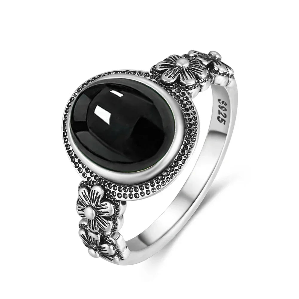 Vintage 925 Silver Ring Natural Black Onyx Ring Circular Denier Type Horse Eye Design Gift Fine Jewelry Black Ring For Men Women