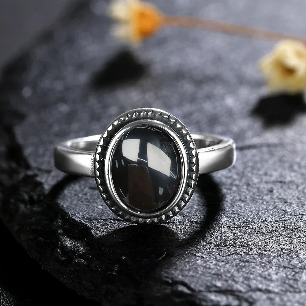 Vintage 925 Silver Ring Natural Black Onyx Ring Circular Denier Type Horse Eye Design Gift Fine Jewelry Black Ring For Men Women