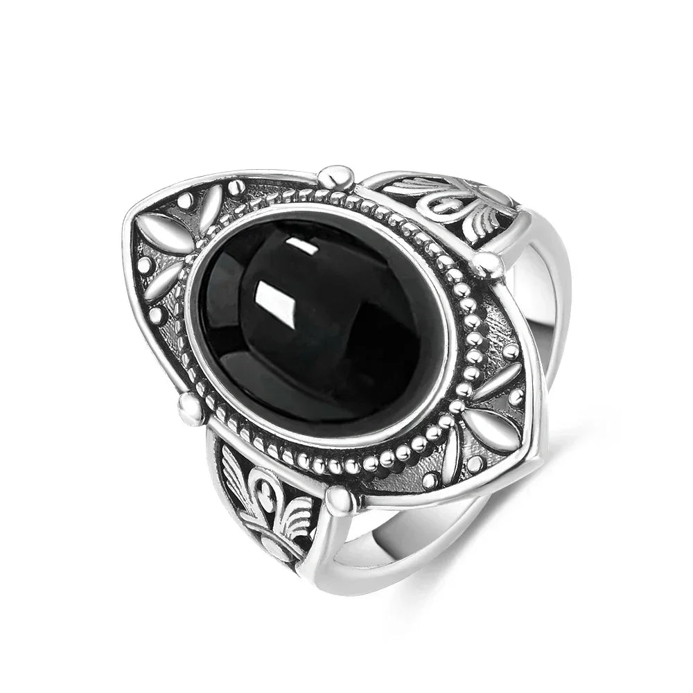Vintage 925 Silver Ring Natural Black Onyx Ring Circular Denier Type Horse Eye Design Gift Fine Jewelry Black Ring For Men Women