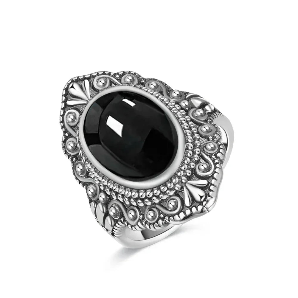 Vintage 925 Silver Ring Natural Black Onyx Ring Circular Denier Type Horse Eye Design Gift Fine Jewelry Black Ring For Men Women
