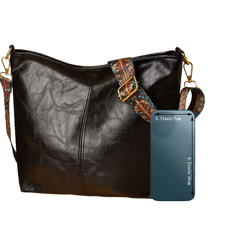 Neutral Style Men's and Women's Pu Tote Bag, Suitable for Travel and Photography, Single Shoulder Bag with Ethnic Style Strap