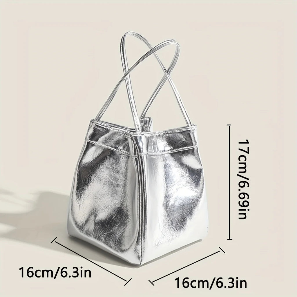 Sparkling Silver Mini Fashion Drawstring Bucket Bag, PU Sparkling Handbag, Women's Fashion Handbag and Wallet