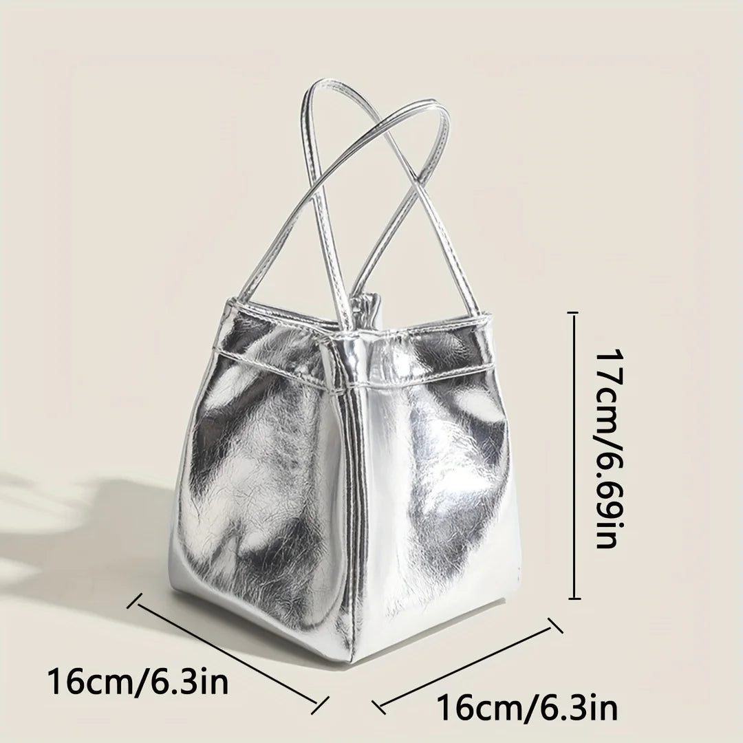 Sparkling Silver Mini Fashion Drawstring Bucket Bag, PU Sparkling Handbag, Women's Fashion Handbag and Wallet