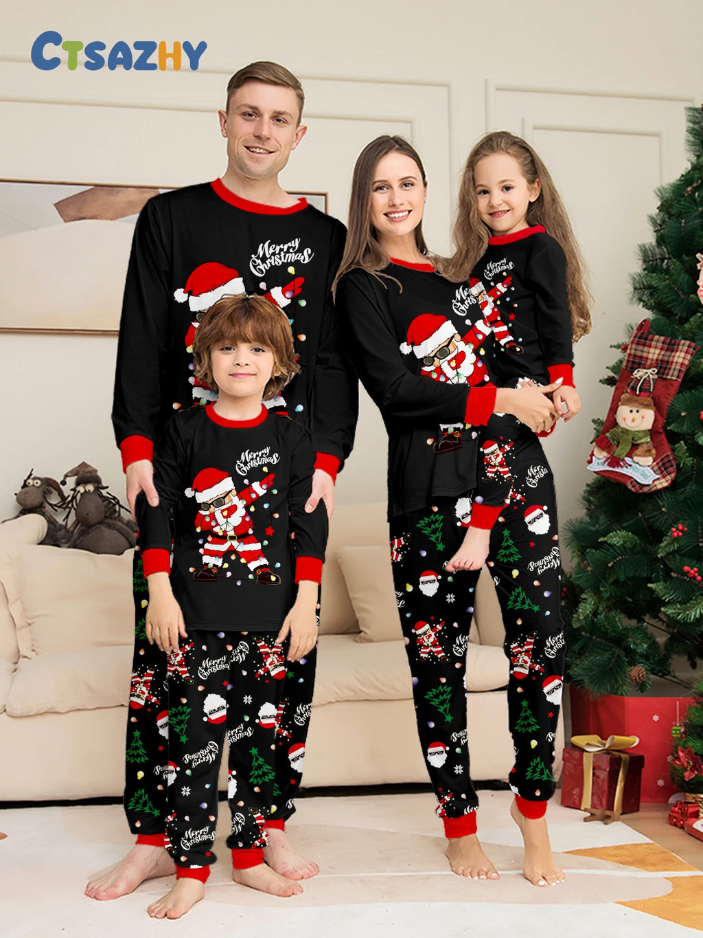 Family Matching Christmas Pajamas Set with Santa Claus Print, Festive Xmas Loungewear