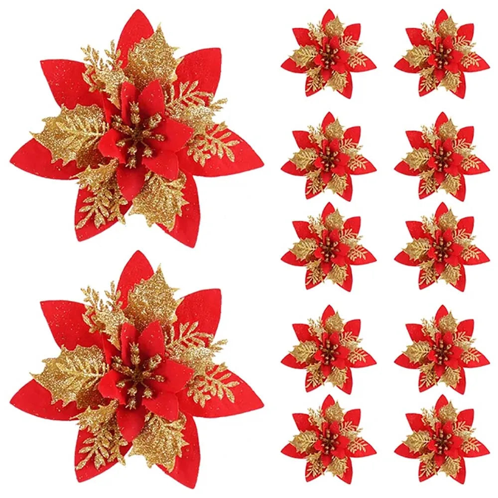 Christmas Glitter Flower Ornaments 5/10pcs