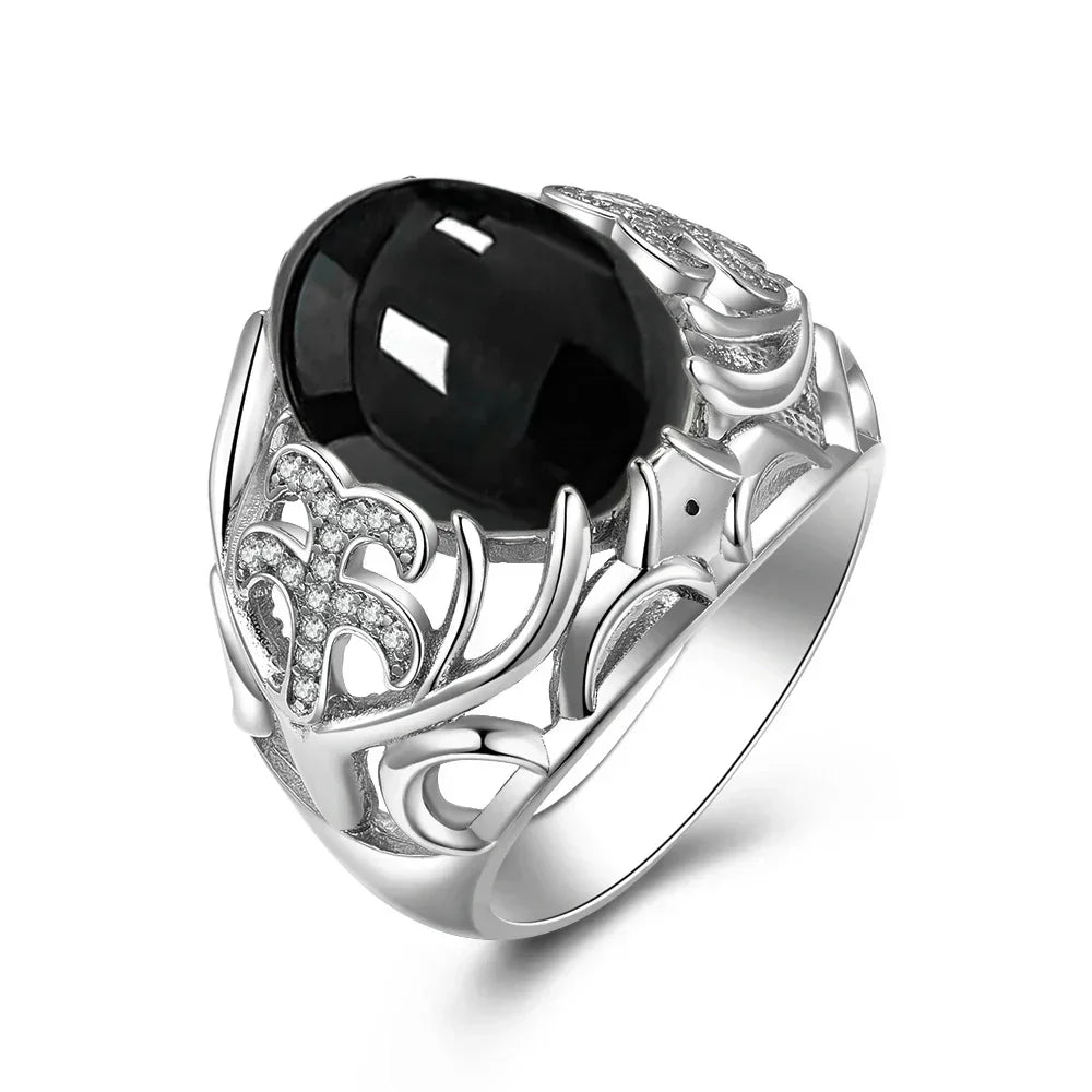 Vintage 925 Silver Ring Natural Black Onyx Ring Circular Denier Type Horse Eye Design Gift Fine Jewelry Black Ring For Men Women