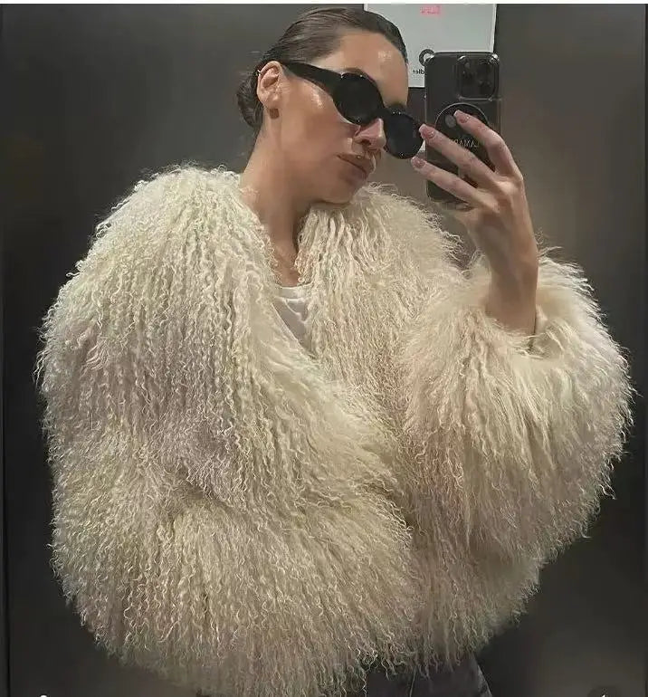 Mongolian fur coat fur jacket women's elegant fluffy solid color thickened thermal long sleeve coat winter fashion oversized lad