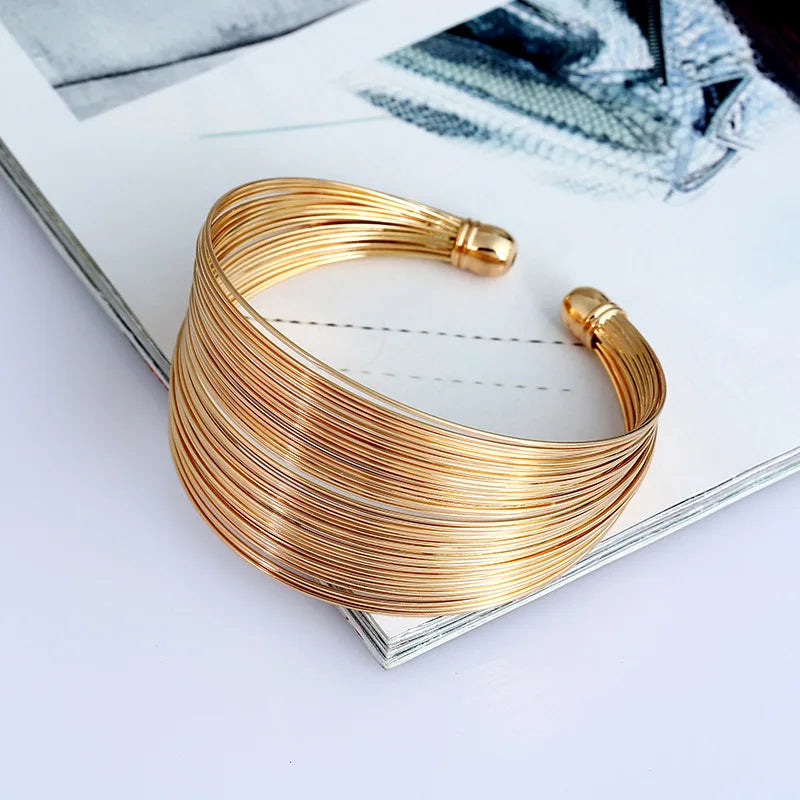 Punk Multilayer Metal Wires Strings Bracelets Bangles For Women Vintage Exaggerated Gold Color Wide Open Cuff Bangles Jewelry