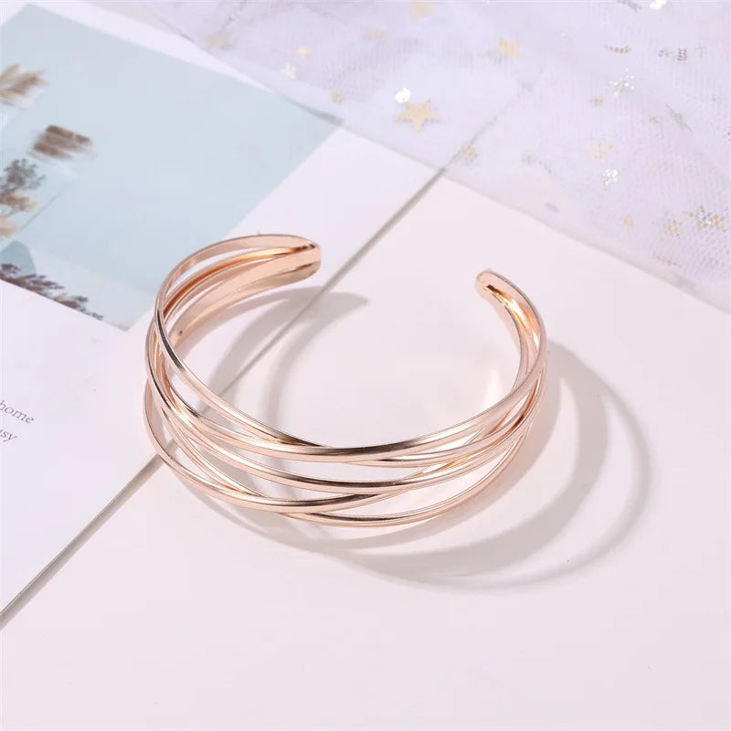 Punk Multilayer Metal Wires Strings Bracelets Bangles For Women Vintage Exaggerated Gold Color Wide Open Cuff Bangles Jewelry