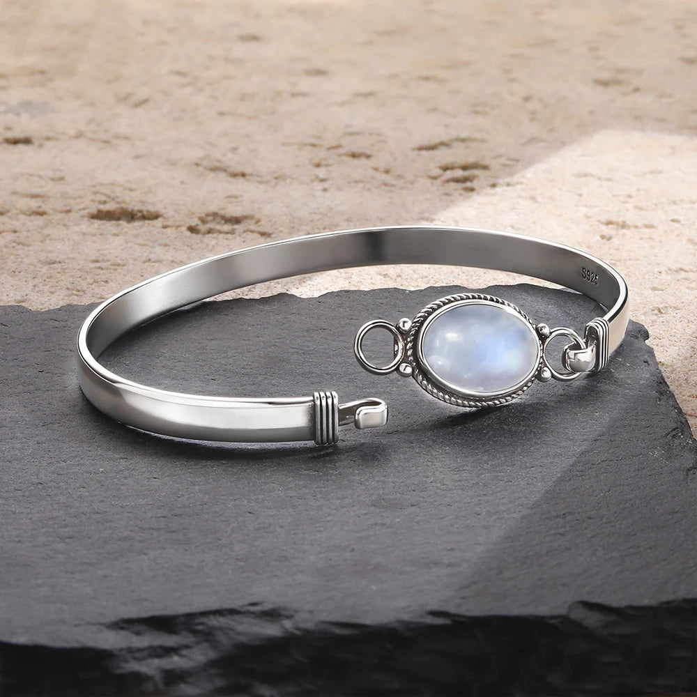 Vintage 925 Silver Natural Oval Moonstone Bangle Bracelets Handmade Birthstone Bangle Gifts Fine Jewelry for Women Men