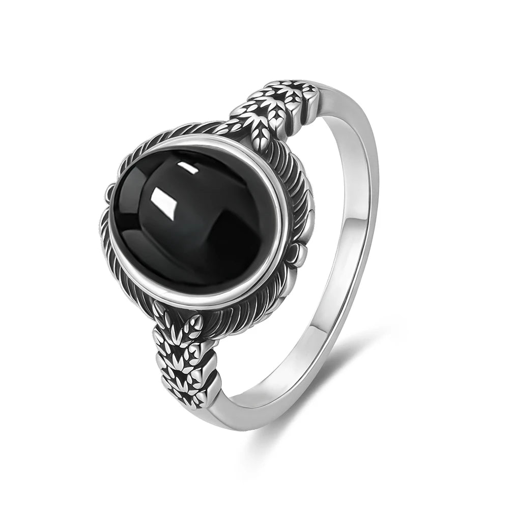 Vintage 925 Silver Ring Natural Black Onyx Ring Circular Denier Type Horse Eye Design Gift Fine Jewelry Black Ring For Men Women