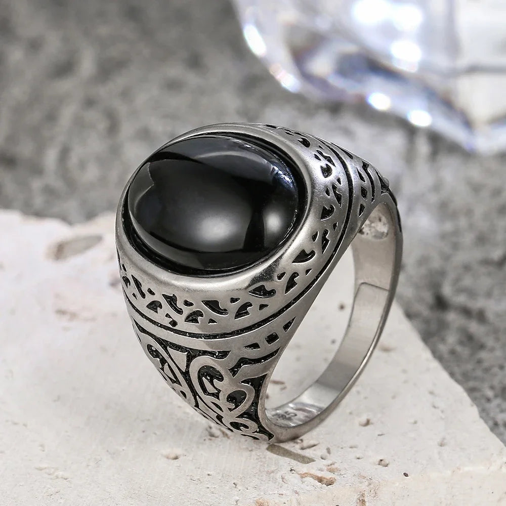 Vintage 925 Silver Ring Natural Black Onyx Ring Circular Denier Type Horse Eye Design Gift Fine Jewelry Black Ring For Men Women