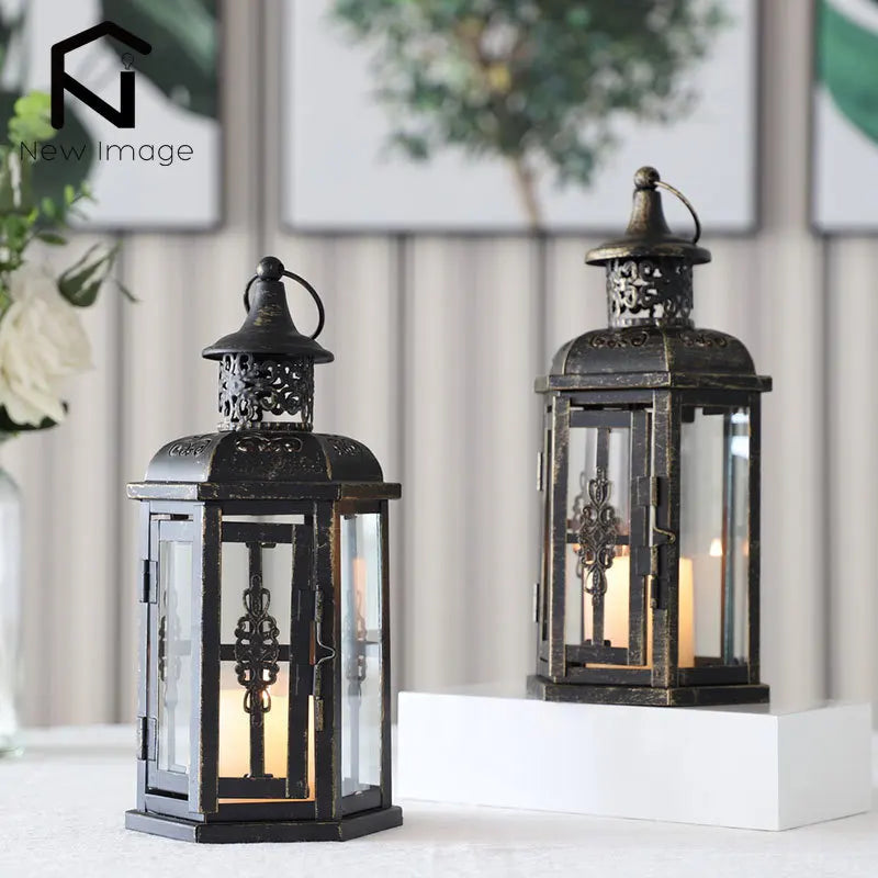 Vintage Nordic Candle Holder Lanterns Candles Aesthetic Hanging Lantern Iron Lantern Black Home Decor Wedding Room Decoration