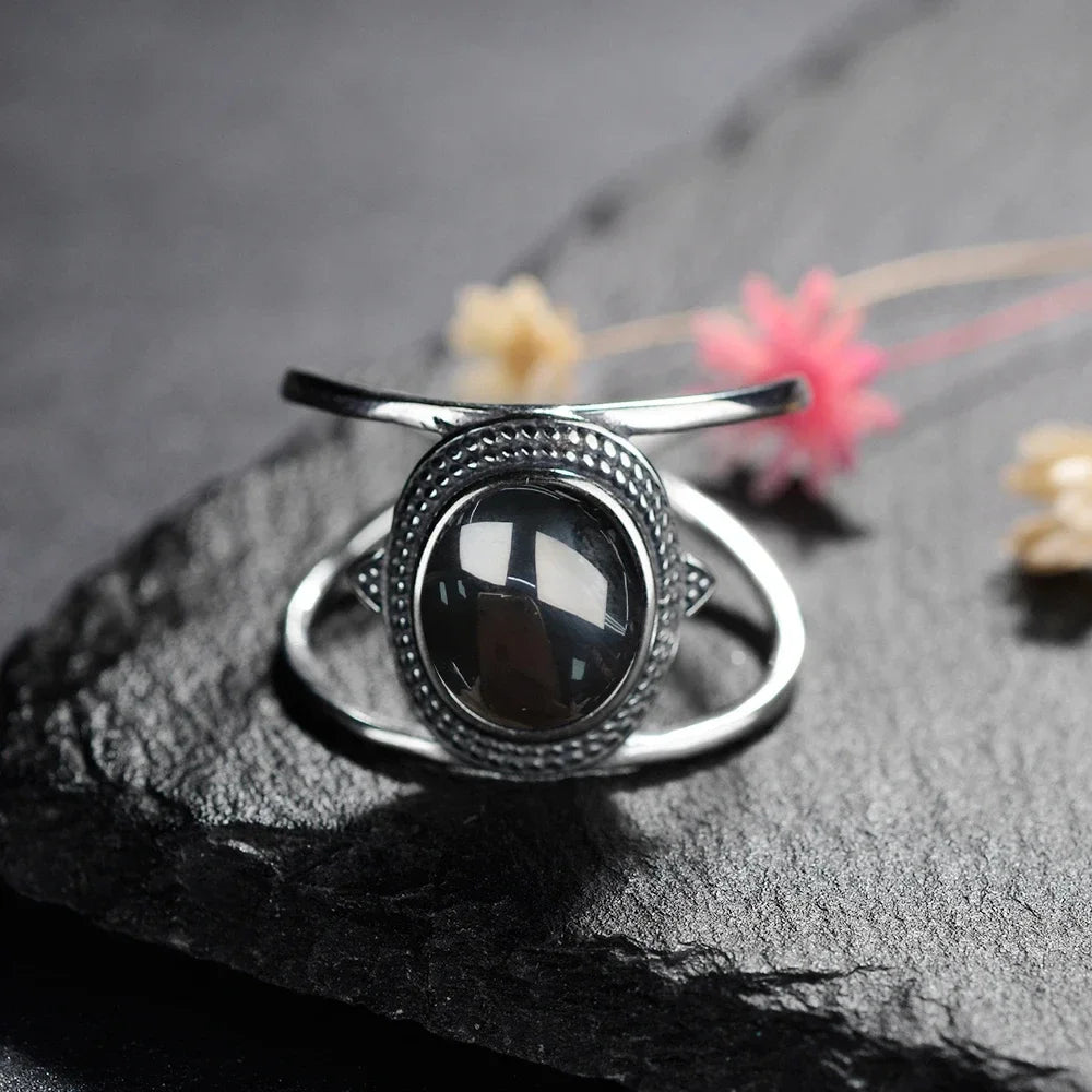 Vintage 925 Silver Ring Natural Black Onyx Ring Circular Denier Type Horse Eye Design Gift Fine Jewelry Black Ring For Men Women