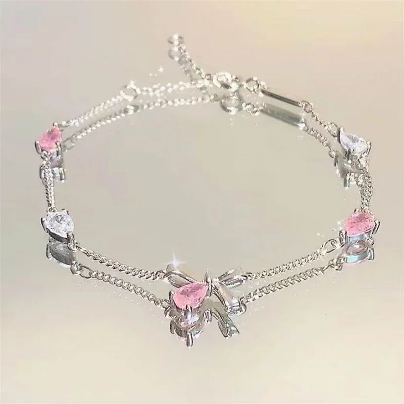 Shiny Pink Crystal Cherry Blossom Bracelets For Women Girls Sweet Moon Bow Flowers Zircon Bracelet Party Aesthetic Jewelry
