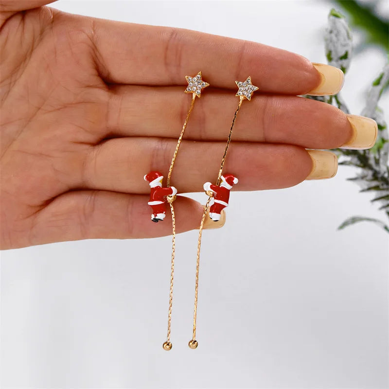 New Design Moving Santa Claus Tassel Dangle Earrings for Women Christmas Tree Snowflake Asymmetric Long Earring New Year Jewelry