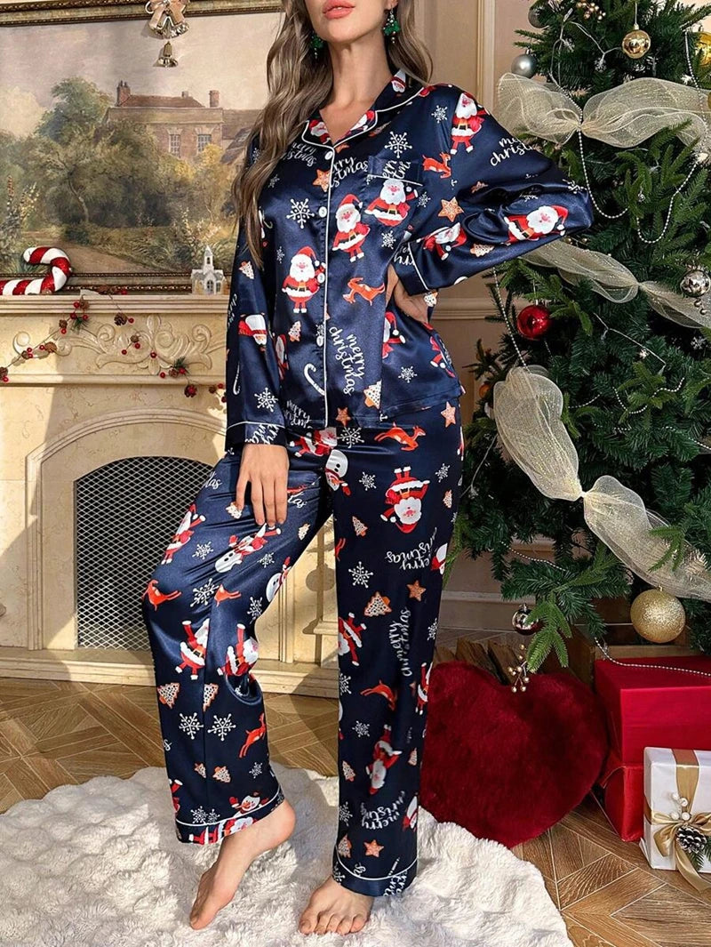 Snowman Print Satin Pajama Set Long-Sleeve Lapel Top And Pants Cute Pattern Soft And Smooth Touch Ideal For Christmas Outfits