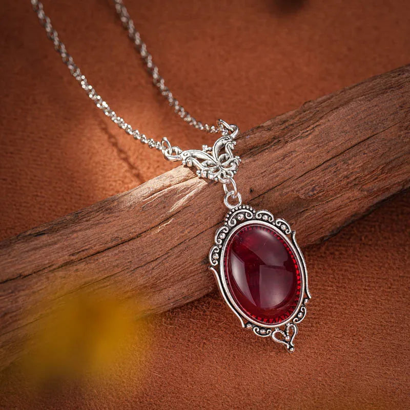 Gothic Blood Red Quartz Charm Necklace Oval Pendant Necklace For Women Halloween Vampire Embossed Witch Jewelry Vintage Chokers