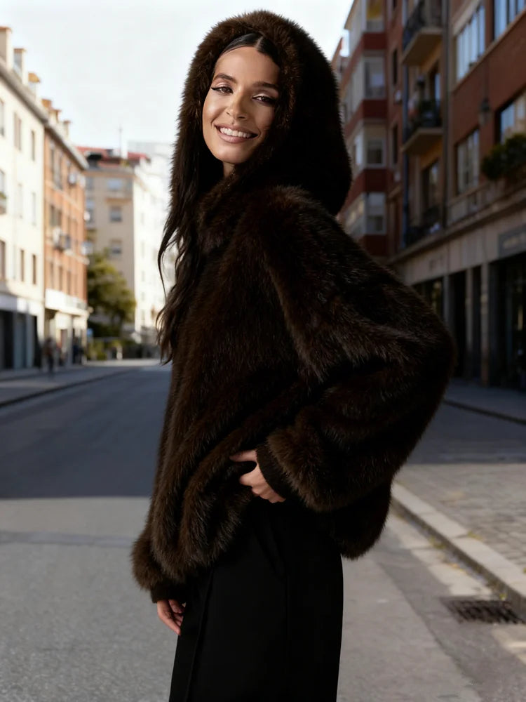 Fluffy Hooded Pullover Woman Long Sleeves Solid Color Loose Warm Tops Casual Fashion Street Women's New Autumn Winter Pullovers