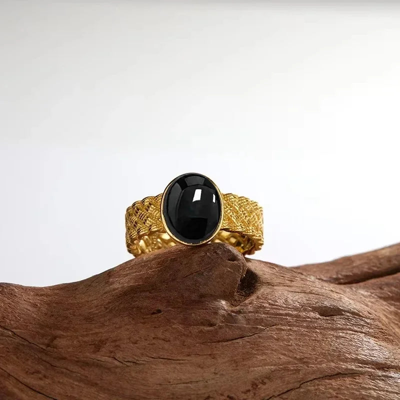 Vintage 925 Silver Ring Natural Black Onyx Ring Circular Denier Type Horse Eye Design Gift Fine Jewelry Black Ring For Men Women