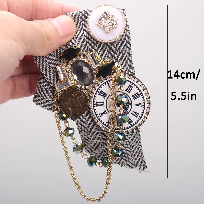 Steampunk Vintage Clock Brooch Rhinestone Coin & Chain Embellished Pin with Cloth Fabric