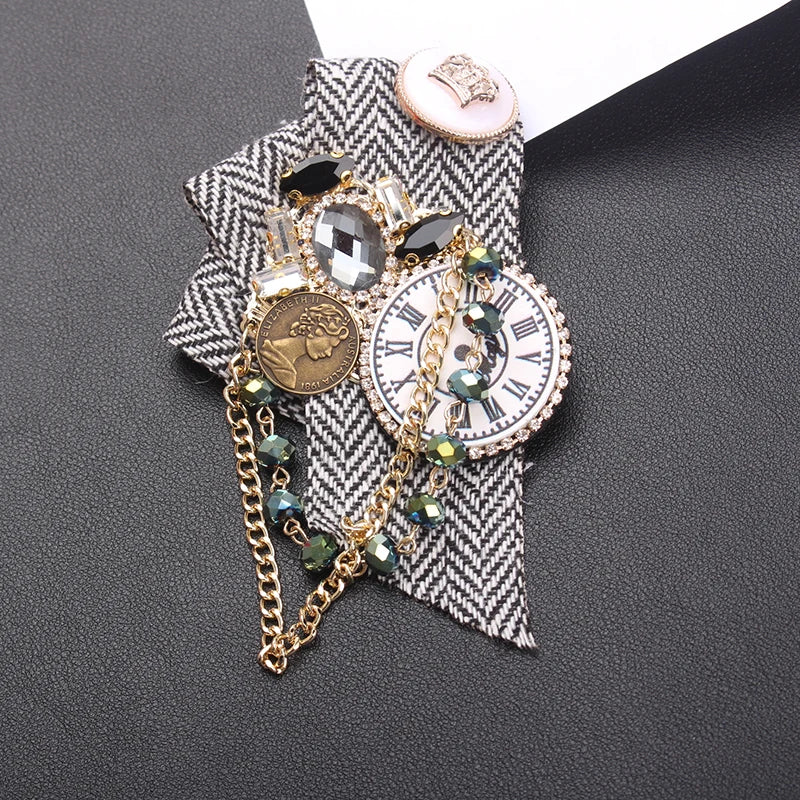 Steampunk Vintage Clock Brooch Rhinestone Coin & Chain Embellished Pin with Cloth Fabric