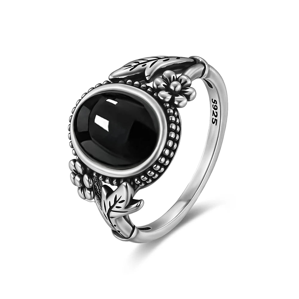 Vintage 925 Silver Ring Natural Black Onyx Ring Circular Denier Type Horse Eye Design Gift Fine Jewelry Black Ring For Men Women