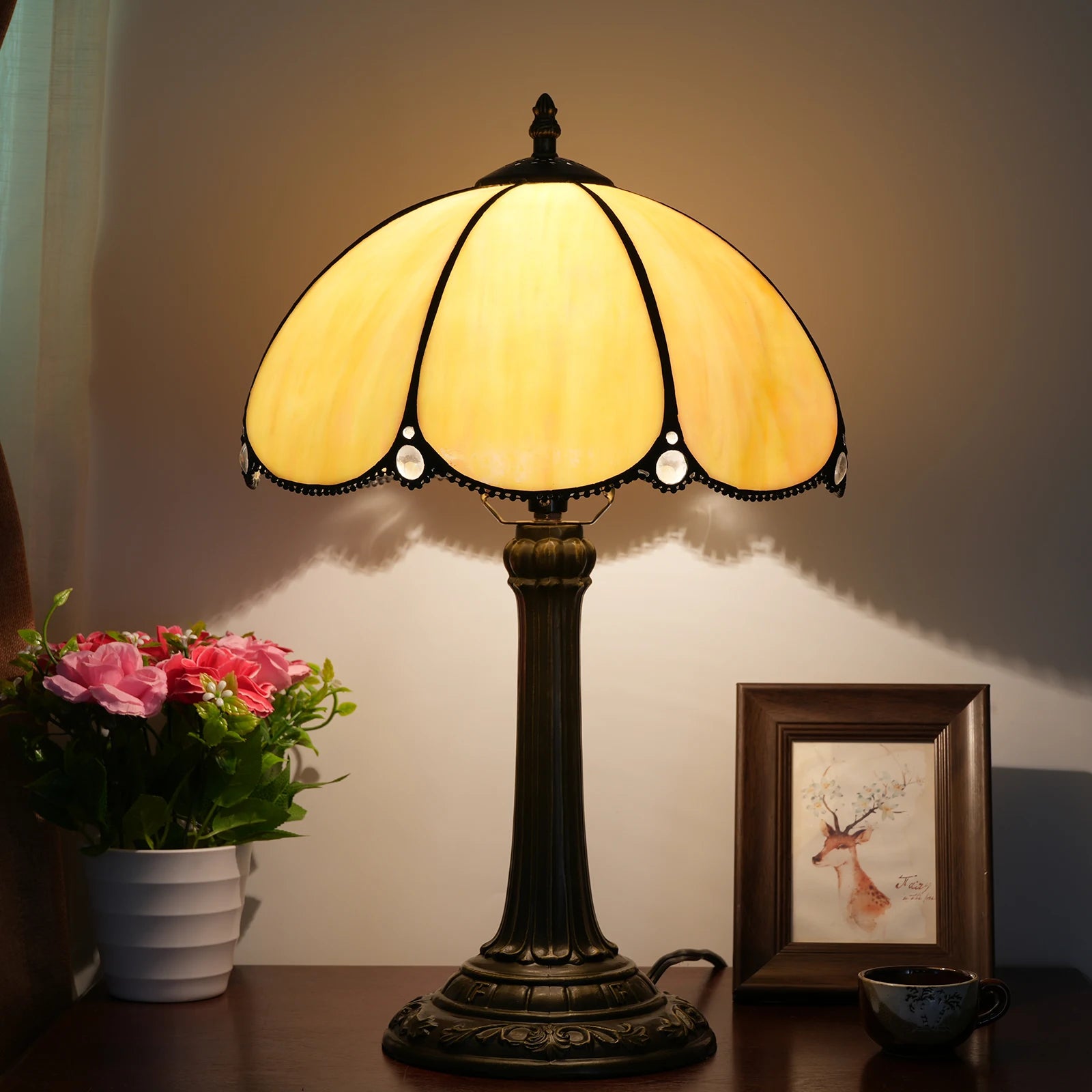Yellow Peacock Tail Style Stained Glass Table Lamp Vintage Handmade Reading Lamp for Living Room Home Office Decor Light