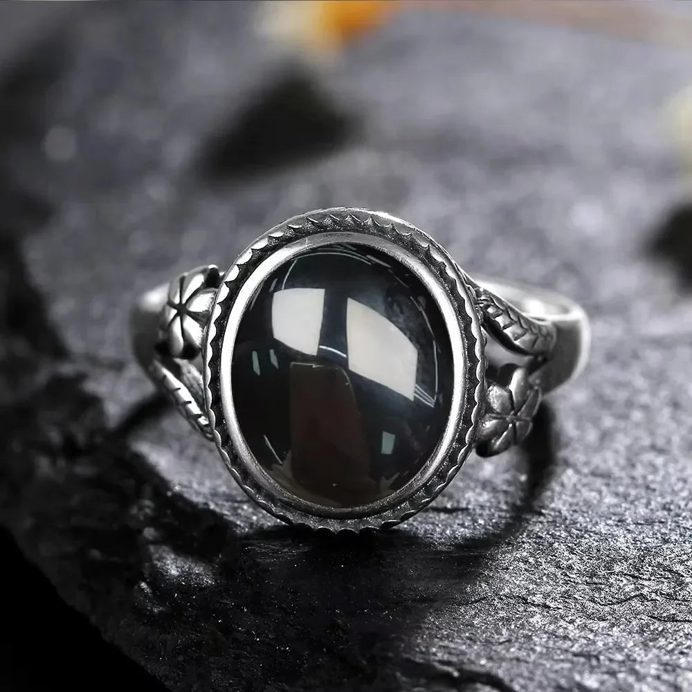 Vintage 925 Silver Ring Natural Black Onyx Ring Circular Denier Type Horse Eye Design Gift Fine Jewelry Black Ring For Men Women