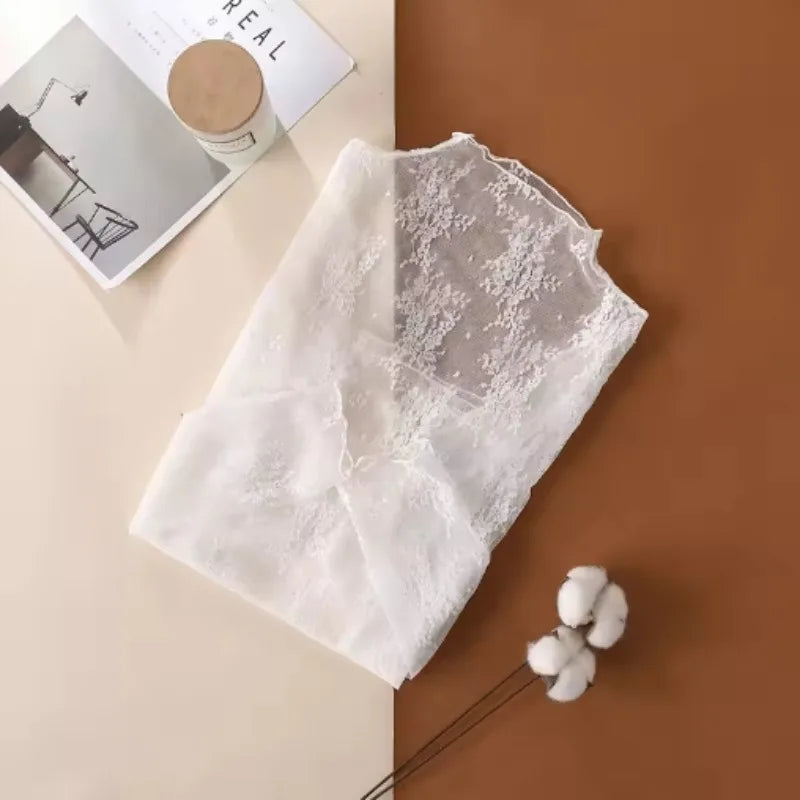 Sexy Lace Women Blouses Pullover Spring Autumn Thin Slim Fit T-Shirt Solid Turtleneck Long Sleeve See-though Mesh Sheer Tops