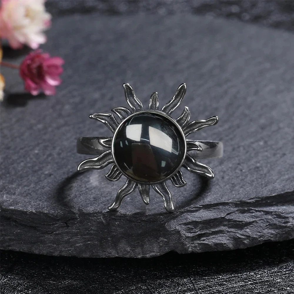 Vintage 925 Silver Ring Natural Black Onyx Ring Circular Denier Type Horse Eye Design Gift Fine Jewelry Black Ring For Men Women