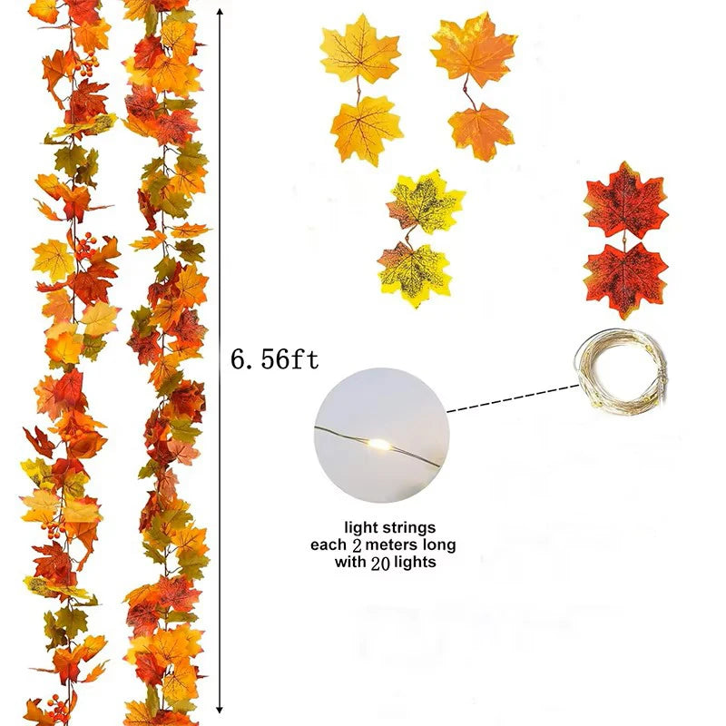 200CM Autumn Artificial Maple Leaf Wreath Fake Leaf Plant Vine Home Decor Garden Halloween Wall Outdoor Doors Windows Decoration