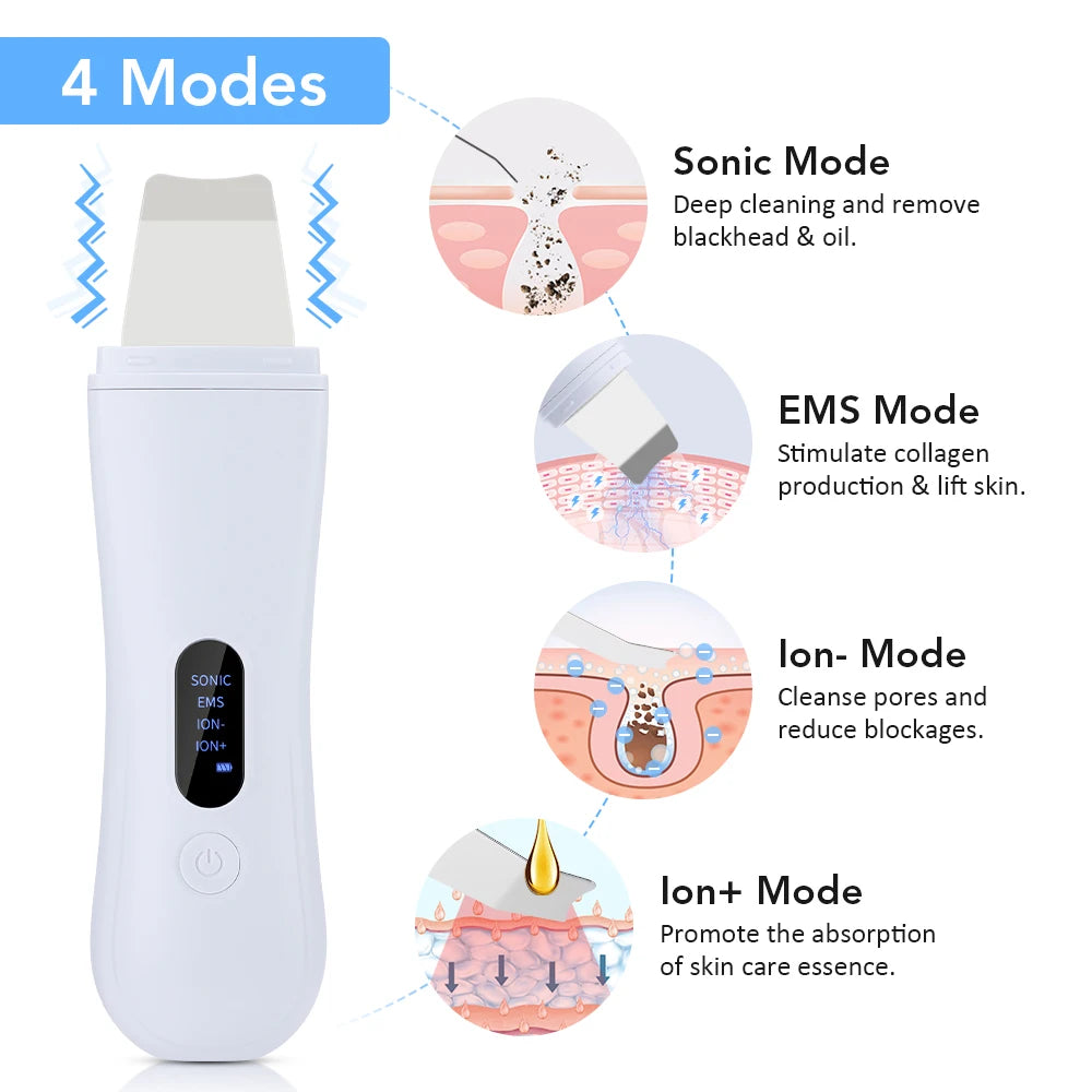 Ultrasonic Skin Scrubber Skin Spatula Ion Deep Face Cleaning 4 Modes Facial Lifting Ultrasonic Cleaner Peeling Skin Care Device