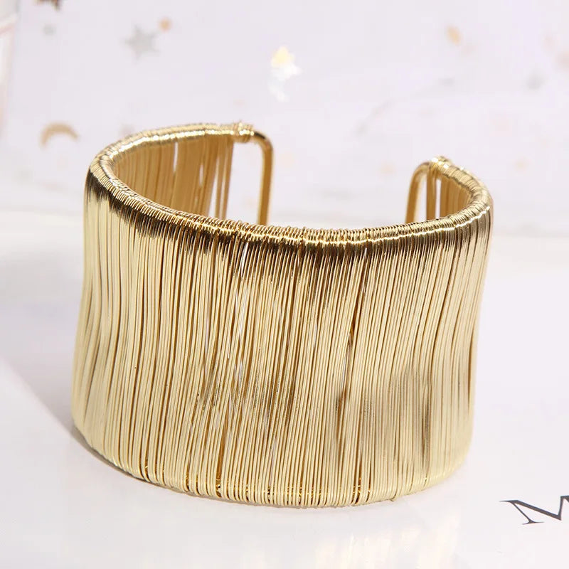 Punk Multilayer Metal Wires Strings Bracelets Bangles For Women Vintage Exaggerated Gold Color Wide Open Cuff Bangles Jewelry