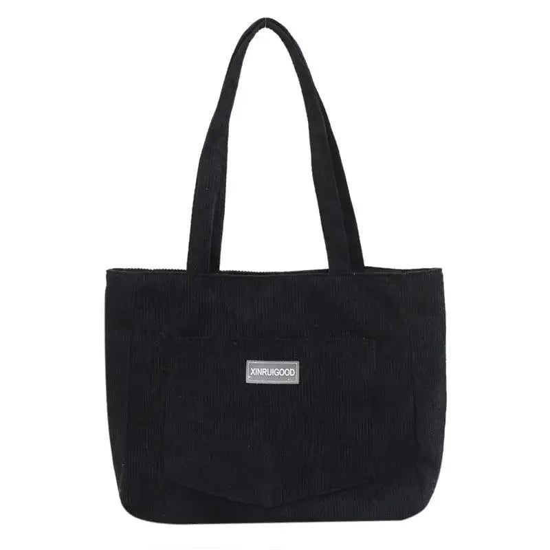 Large Capacity Shoulder Bag Trendy Corduroy Tote Bag Solid Color Ladies Handbag With Front Pocket